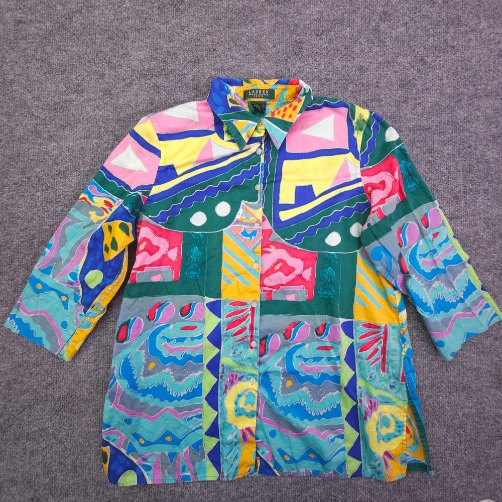 Lauren Ralph Lauren Abstract Art 3/4 Sleeve Shirt Women's Size‎ Petite Large PL